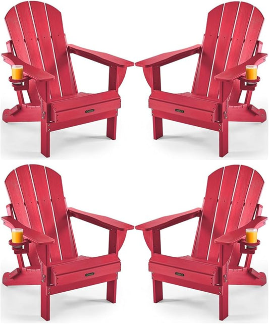 Ciokea Folding Adirondack Chair 4 Pack, Patio Adirondack Chair Weather Resistant, Plastic Fire Pit Chair with Cup Holder, Lawn Chair for Outdoor Porch Garden Backyard Deck (Red)