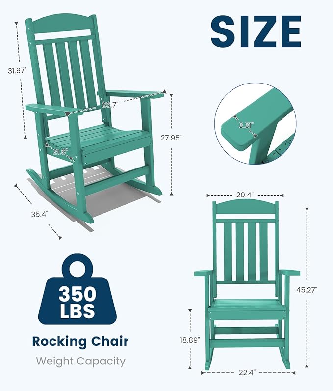 FOOWIN Outdoor Rocking Chair Set of 2, High Back Patio Rocking Chair, HDPE All Weather Resistant Porch Rocker for Adult, Oversized Rocking Chairs for Garden, Lawn, Indoor & Outdoor Use, Lake Blue