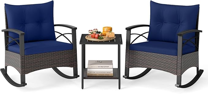 Tangkula 3 Piece Rattan Rocking Chair Set, Patio Rocker Bistro Set w/Acacia Wood Tabletop & Armrests, 2 Outdoor Cushioned Armchairs w/Double-Tier Side Table for Porch, Balcony, Backyard