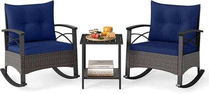 Tangkula 3 Piece Rattan Rocking Chair Set, Patio Rocker Bistro Set w/Acacia Wood Tabletop & Armrests, 2 Outdoor Cushioned Armchairs w/Double-Tier Side Table for Porch, Balcony, Backyard