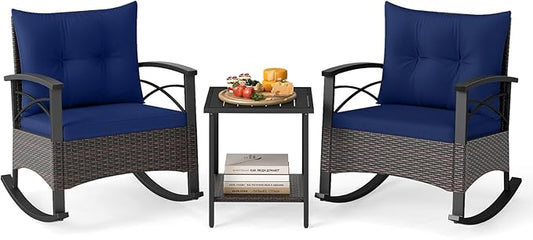 Tangkula 3 Piece Rattan Rocking Chair Set, Patio Rocker Bistro Set w/Acacia Wood Tabletop & Armrests, 2 Outdoor Cushioned Armchairs w/Double-Tier Side Table for Porch, Balcony, Backyard