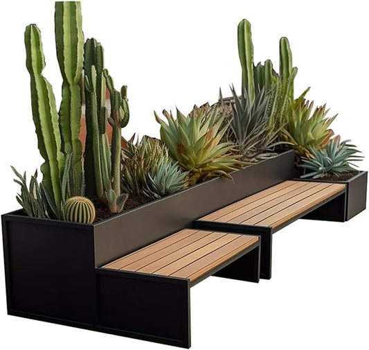 Bench with Planter Box, Outdoor Flower Box Sitting Bench Set Commercial Street Patio Leisure Table and Chair Planter Set DIY Assembled Metal Park Resting Bench Outdoor Seating Garden Bench(L150xD70xH6