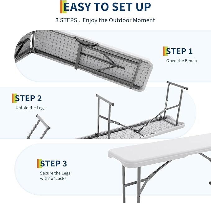 6ft Plastic Folding Bench with Carrying Handle & Lock, Portable Outdoor Bench in Garden Picnic Camping Dining Party Seat, Waterproof Bench for Soccer Activities