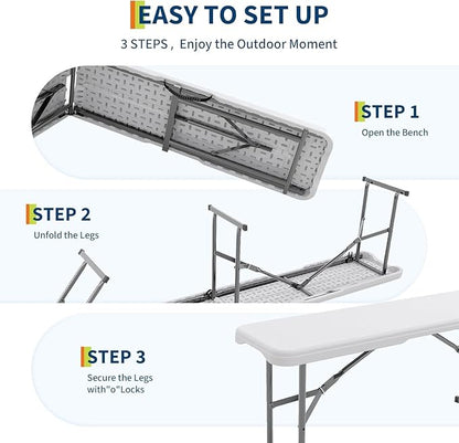 6ft Plastic Folding Bench with Carrying Handle & Lock, Portable Outdoor Bench in Garden Picnic Camping Dining Party Seat, Waterproof Bench for Soccer Activities