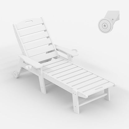 HDPE 5-Position Outdoor Chaise Lounge Chair with Cup Holder and Wheels, Resin Pool Lounge Chair for Outside, Adjustable HDPE Patio Loungers for Poolside, Patio, and Garden, White