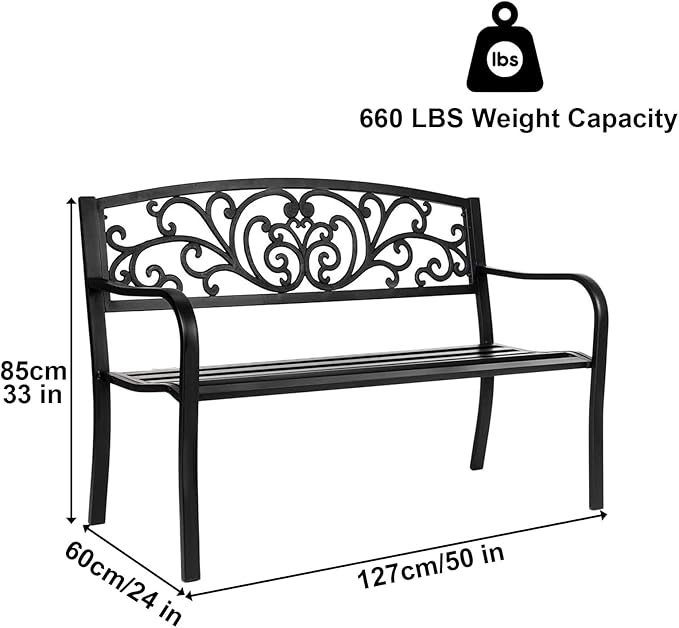 Outdoor Bench, 50" Metal Garden Bench Patio Porch Furniture with Backrest and Armrests, for Balcony, Yard, Garden, Weatherproof(White)