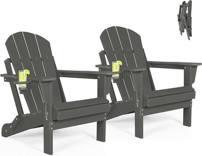 Folding Adirondack Chairs Set of 2 - Plastic Adirondack Chairs with Cup Holder, Weather Resistant for Outdoor, Patio, Lawn, Garden, Backyard Deck, Fire Pit - Dark Gray