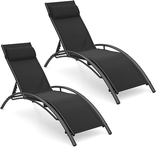 Tangkula Lounge Chairs Outdoor Set of 2, Heavy-Duty Patio Chaise Lounges with 5-Position Backrest & Breathable Seat Fabric, Outside Beach Pool Sunbathing Recliner for Backyard, Poolside (Black)