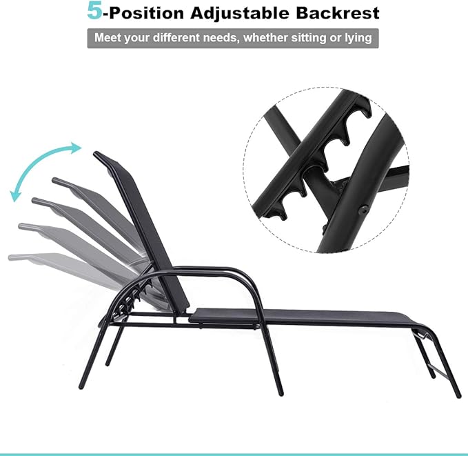 Tangkula Outdoor Patio Lounge Chairs Set of 2, Adjustable Folding Reclining Chaise Lounge, 5-Position Backrest Adjustment, Sling Chaise for Patio Beach Porch Swimming Poolside