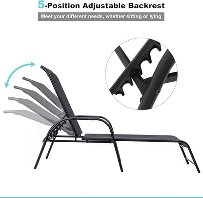 Tangkula Outdoor Patio Lounge Chairs Set of 2, Adjustable Folding Reclining Chaise Lounge, 5-Position Backrest Adjustment, Sling Chaise for Patio Beach Porch Swimming Poolside