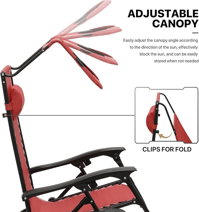 MoNiBloom Zero Gravity Chair Set of 2 with Canopy Shade, Patio Folding Anti Gravity Recliner, Foldable Outdoor Lounger with Cup Holder Tray for Beach Camping, Maroon