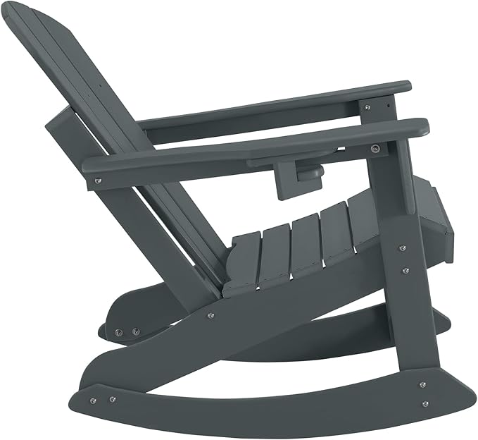 Outdoor Rocking Chair, HDPE Poly All-Weather Patio Rocking Chairs with Cup Holder for Adults, Porch Rocker for Deck Patio Balcony, 440lbs, Dark Gray
