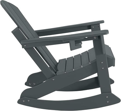 Outdoor Rocking Chair, HDPE Poly All-Weather Patio Rocking Chairs with Cup Holder for Adults, Porch Rocker for Deck Patio Balcony, 440lbs, Dark Gray