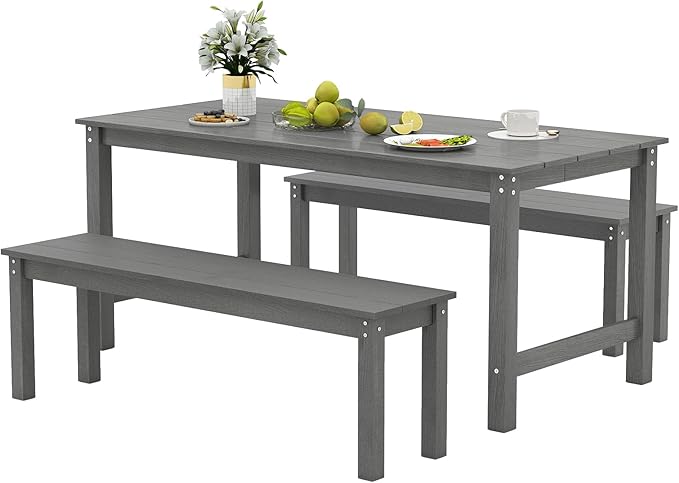 Tangkula 3 Pieces Outdoor HDPE Dining Table Set with 2 Benches, Weather Resistant Patio Furniture Set with 1.77” Umbrella Hole and Wood-Like Surface for Garden, Backyard and Poolside (Gray, 3 Pcs)