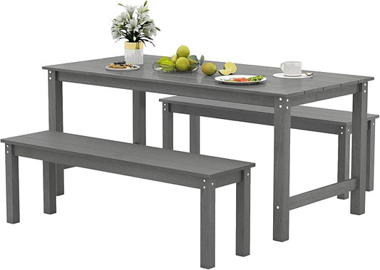 Tangkula 3 Pieces Outdoor HDPE Dining Table Set with 2 Benches, Weather Resistant Patio Furniture Set with 1.77” Umbrella Hole and Wood-Like Surface for Garden, Backyard and Poolside (Gray, 3 Pcs)
