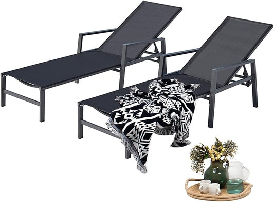 Aluminum Chaise Lounge Chairs Set of 2,5 Adjustable Outdoor Lounge Chaise Chairs,Patio Chaise Lounge with Armrests,for Beach Poolside,Balcony,Yard(Black)