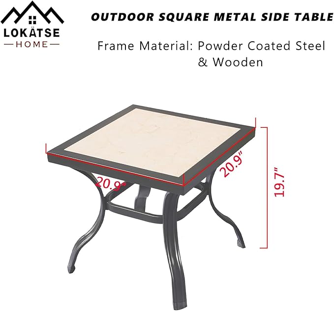 LOKATSE HOME Outdoor Patio Bistro Square End Table Dining Tile Top Metal Legs …