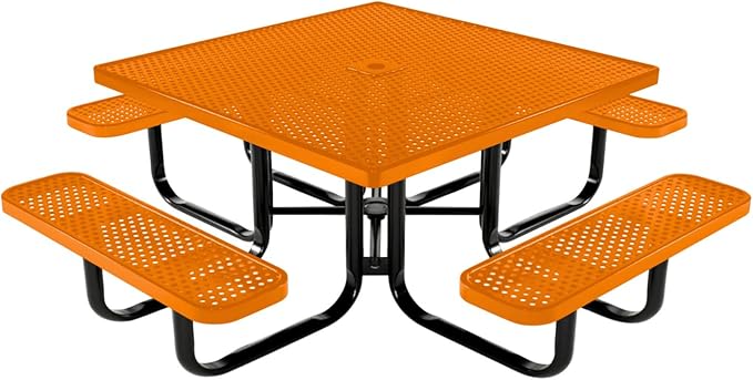 COATEDOUTDOORFURNITURE Heavy-Duty Portable Outdoor Kids Table with Umbrella Hole, Punched Steel Kids Picnic Table, Commercial-Grade, Made in America (46 in, Square, Childrens, Textured Orange)