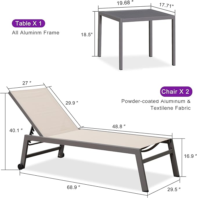 PURPLE LEAF Outdoor Chaise Lounge Set for 2 Oversized Pool Lounge Chairs with Easy-to-Move Wheels and Adjustable Backrest Extra Large Patio Loungers for Poolside Deck Beach Yard Table Included, Khaki