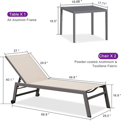 PURPLE LEAF Outdoor Chaise Lounge Set for 2 Oversized Pool Lounge Chairs with Easy-to-Move Wheels and Adjustable Backrest Extra Large Patio Loungers for Poolside Deck Beach Yard Table Included, Khaki