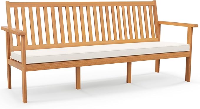 Tangkula 3-Seat Acacia Wood Outdoor Bench with Cushion, 64" Extra Long Garden Bench with Slatted Seat & Backrest, 3-Person Patio Wood Bench for Backyard, Porch, Balcony & Garden