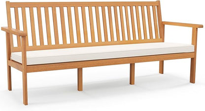 Tangkula 3-Seat Acacia Wood Outdoor Bench with Cushion, 64" Extra Long Garden Bench with Slatted Seat & Backrest, 3-Person Patio Wood Bench for Backyard, Porch, Balcony & Garden
