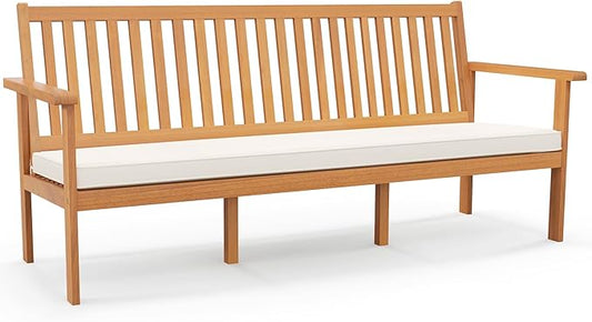 Tangkula 3-Seat Acacia Wood Outdoor Bench with Cushion, 64" Extra Long Garden Bench with Slatted Seat & Backrest, 3-Person Patio Wood Bench for Backyard, Porch, Balcony & Garden