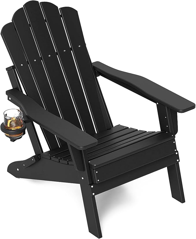 FOOWIN HDPE Adjustable Adirondack Chair, 400lbs Heavy Duty Folding Patio Chair with Cup Holder, 3-Position Reclining Fire Pit Seating, All-Weather Poly Lumber for Backyard, Deck - Black