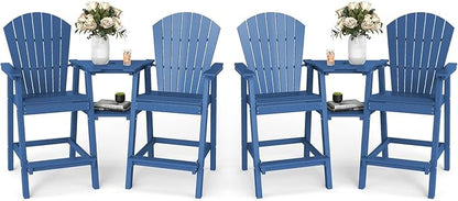 FOOWIN Tall Adirondack Chair Set of 4, All Weather HDPE Bar Height Adirondack Chair with Double Connecting Trays, Adirondack Barstools for Balcony, Deck, Backyard, Patio, Garden Navy Blue