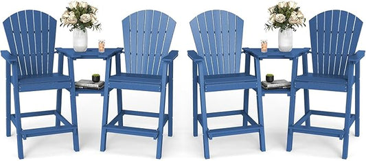 FOOWIN Tall Adirondack Chair Set of 4, All Weather HDPE Bar Height Adirondack Chair with Double Connecting Trays, Adirondack Barstools for Balcony, Deck, Backyard, Patio, Garden Navy Blue