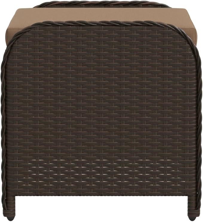 vidaXL Patio Stool with Cushion - Brown Poly Rattan Outdoor Ottoman Seating - Steel Frame - 22.8" x 18.1" x 18.1"