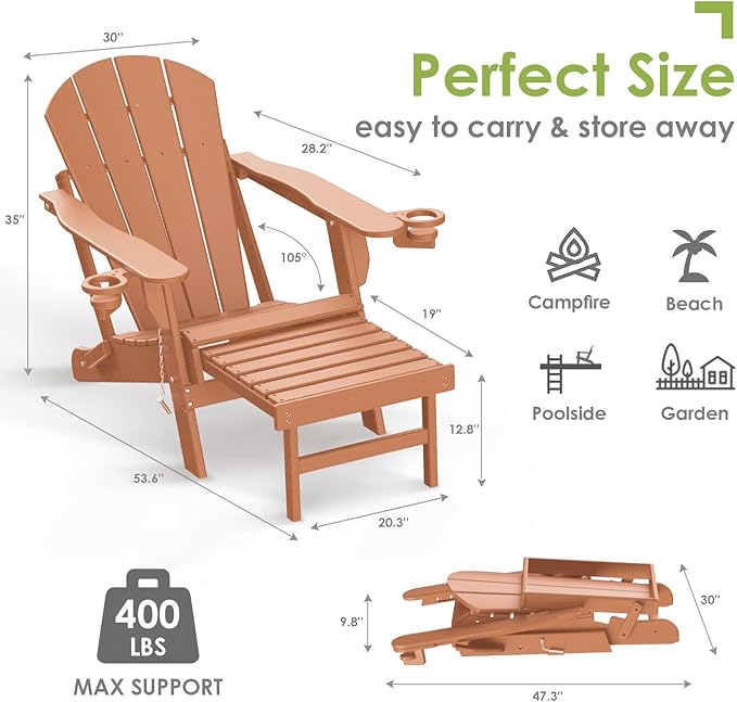 GREENVINES Adirondack-Chairs-with-Ottoman | Folding | Retractable-Footrest | HDPE Plastic | All Weather Fire Pit Chair | Cup Holders | Teak | for Outdoor Poolside