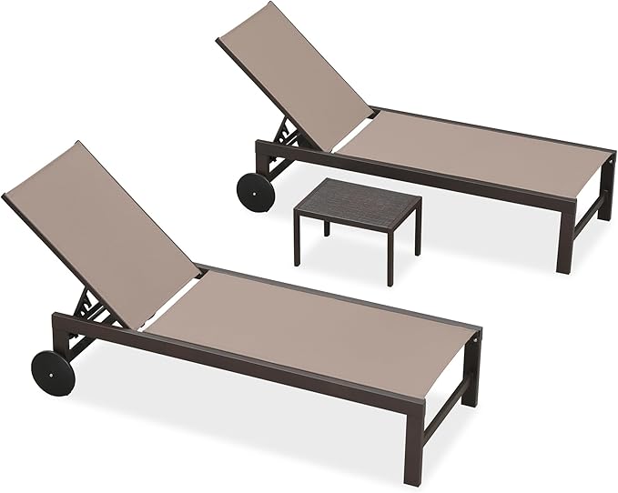 PURPLE LEAF Outdoor Chaise Lounge Chair Set of 2, Pool Lounge Chairs for Outside, Aluminum Patio Chaise Loungers with Adjustable Backrest and Wheels for Deck, Lawn, Garden, Taupe
