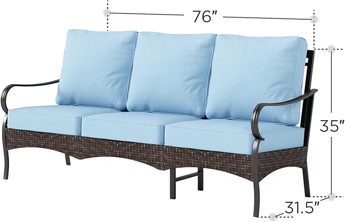 PHI VILLA Wicker & Metal Outdoor Patio Couch, 3-Seat Patio Sofa with Deep Seating for Front Porch, Deck, Balcony - Photo 2