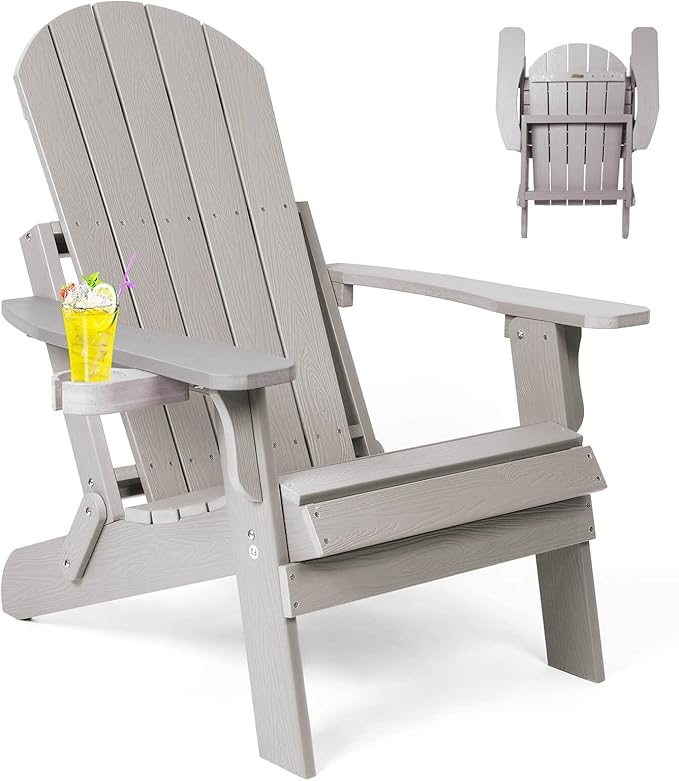 Folding Adirondack Chair, All Weather Resistant Plastic Chairs with Cup Holder, Fold or Unfold Easily in 1 Second, Outdoor Chairs for Patio, Garden, Backyard Deck, Lawn Fire Pit(Grey)