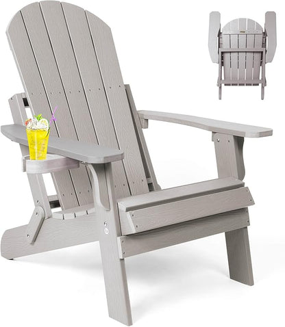 Folding Adirondack Chair, All Weather Resistant Plastic Chairs with Cup Holder, Fold or Unfold Easily in 1 Second, Outdoor Chairs for Patio, Garden, Backyard Deck, Lawn Fire Pit(Grey)
