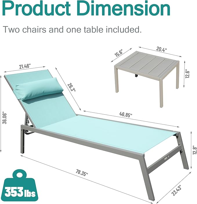 Domi Outdoor Lounge Chairs Set of 3, Upgraded Aluminum Chaise Lounge Chair W/ 5 Adjustable Positions, Patio Lounge Chair for Pool, Deck, Lawn, 2 Pool Chairs and 1 Side Table, Blue Seafoam