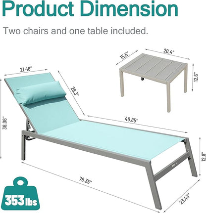 Domi Outdoor Lounge Chairs Set of 3, Upgraded Aluminum Chaise Lounge Chair W/ 5 Adjustable Positions, Patio Lounge Chair for Pool, Deck, Lawn, 2 Pool Chairs and 1 Side Table, Blue Seafoam