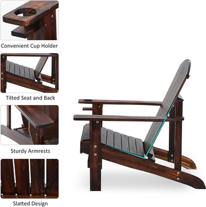 Folding Adirondack Chair, Weather Resistant Outdoor Patio Chair with Cup Holder for Lawn, Backyard, Poolside(Brown)