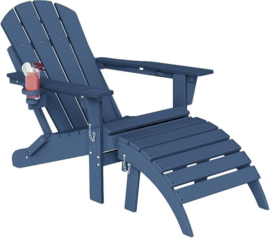 Adirondack Chair with Footrest,Folding Adirondack Chair with Retractable Ottoman,HDPE All Weather Fire Pit Chair with Cup Holder,2-Piece (Navy Blue, 1 Chair &1 footrest)