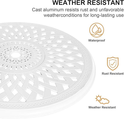 30.7" Cast Aluminum Round Patio Table,Metal Patio Dining Table with Umbrella Hole,All Weather Outdoor Bistro Dining Table for Backyard, Garden, Balcony, White