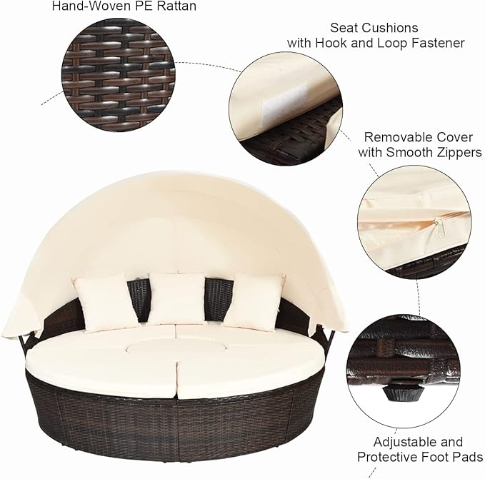 RELAX4LIFE Round Outdoor Daybed with Canopy, Rattan Wicker Sectional Sofa Set w/Cushions, Height Adjustable Table, Conversation Bed Lounger Separated Seating for Outside Pool, Patio Daybed (Off White)