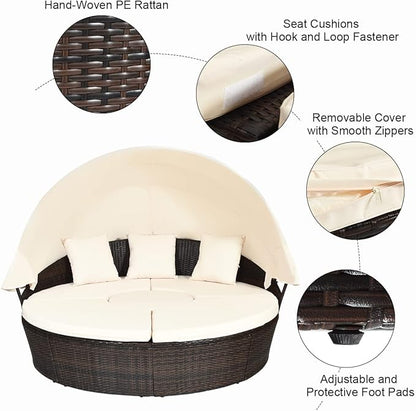 RELAX4LIFE Round Outdoor Daybed with Canopy, Rattan Wicker Sectional Sofa Set w/Cushions, Height Adjustable Table, Conversation Bed Lounger Separated Seating for Outside Pool, Patio Daybed (Off White)
