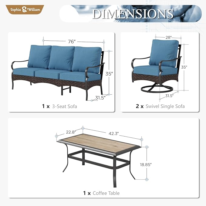 Sophia & William Patio Furniture Set, 4 Piece Metal Outdoor Conversation Set with 3-Seater Outdoor Couch - Photo 6