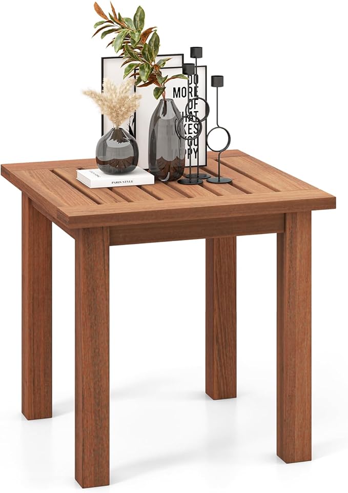 Tangkula Square Outdoor Side Table, 17.5?Patio Hardwood End Table w/Slatted Tabletop, Small Coffee Table - Photo 9