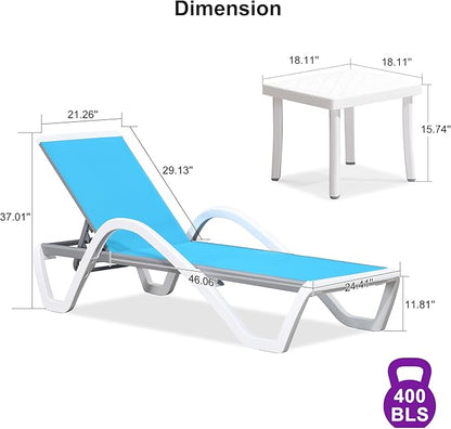 PURPLE LEAF Patio Chaise Lounge Chair Set of 3 Outside Aluminum Plastic Stackable Tanning Chairs with Armrests and Side Table for Pool Sunbathing Beach Deck Outdoor Lounger, Turquoise Blue