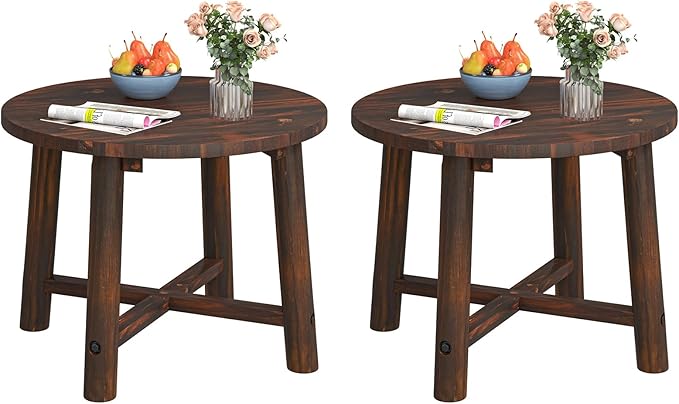 Tangkula Outdoor Side Table, Patio End Table with Solid Wood Structure, Small Round Coffee Table for Garden, Deck, Poolside & Indoors (2, Brown)