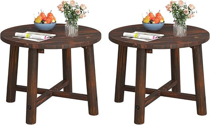 Tangkula Outdoor Side Table, Patio End Table with Solid Wood Structure, Small Round Coffee Table for Garden, Deck, Poolside & Indoors (2, Brown)