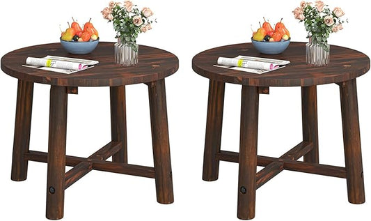 Tangkula Outdoor Side Table, Patio End Table with Solid Wood Structure, Small Round Coffee Table for Garden, Deck, Poolside & Indoors (2, Brown)