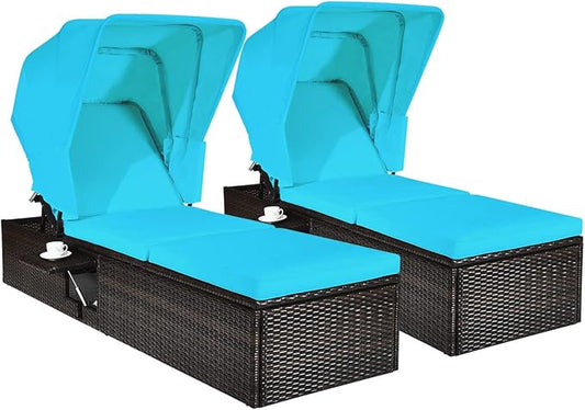 RELAX4LIFE Rattan Chaise Lounge Chair - PE Wicker Reclining Lounger with 5-Position Adjustable Backrest, Retractable Canopy, Side Table & Cushions, Sun Lounger for Garden, Porch & Beach (2, Turquoise)